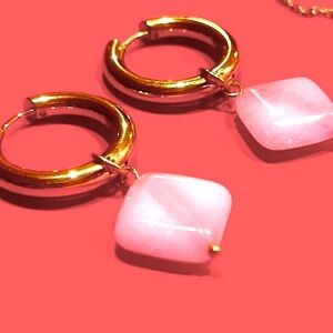 🎀🌼 18K Gold-Plated Rose Quartz Jewelry Set, Necklace + Earrings